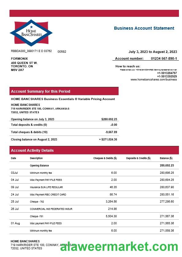 Home Bancshares Bank firm account statement Word and PDF template